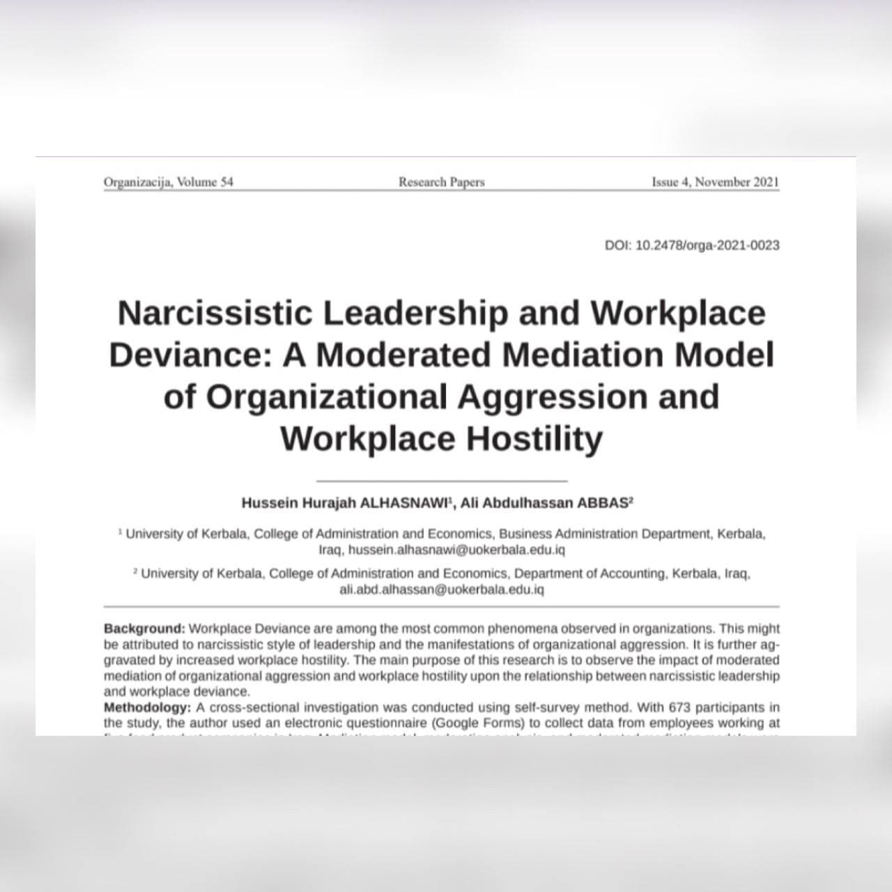 You are currently viewing A Researchers from Kerbala University Presents a Scientific Research for Narcissistic Leadership and Workplace  Deviance: A Moderated Mediation Model  of Organizational Aggression and  Workplace Hostility