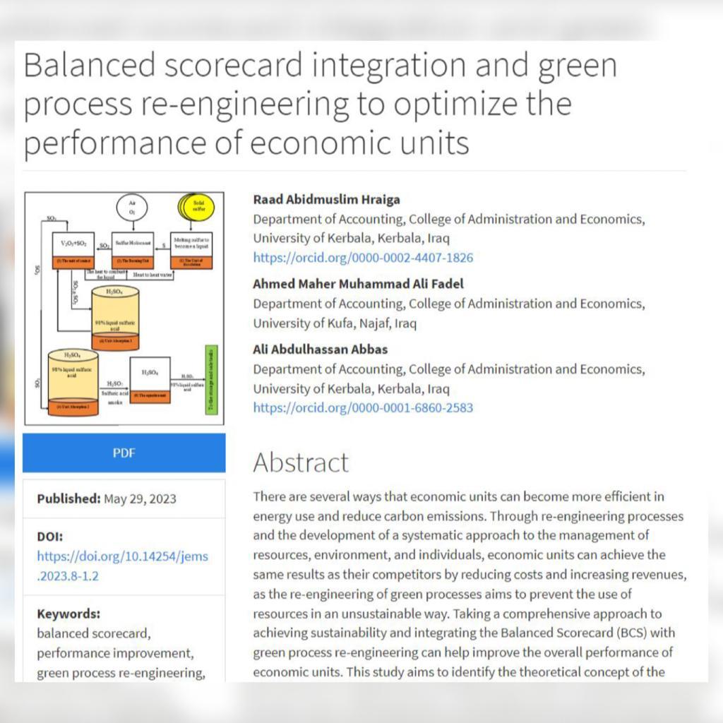 You are currently viewing A Researcher from Kerbala University Present a Scientific Research for Balanced scorecard integration and green process reengineering to optimize the performance of economic units