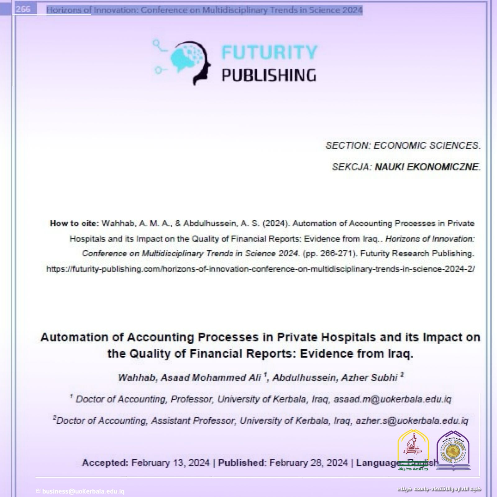 You are currently viewing A Researcher From Kerbala University Present A Scientific Research For Automation of Accounting Processes in Private Hospitals and its Impact on the Quality of Financial Reports: Evidence From Iraq