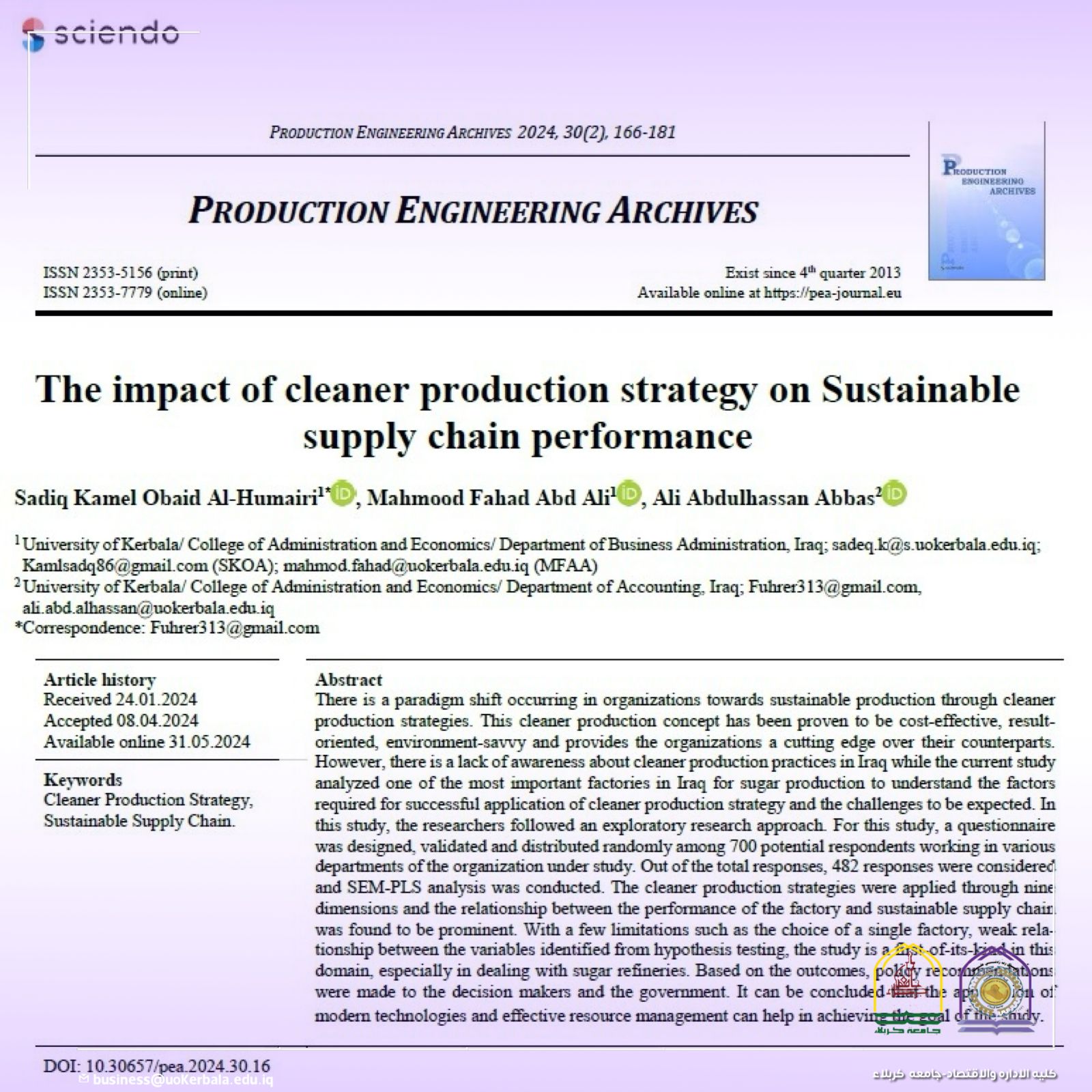 A researcher team From Kerbala University Present A Scientific Research For The impact of cleaner production strategy on Sustainable supply chain performance