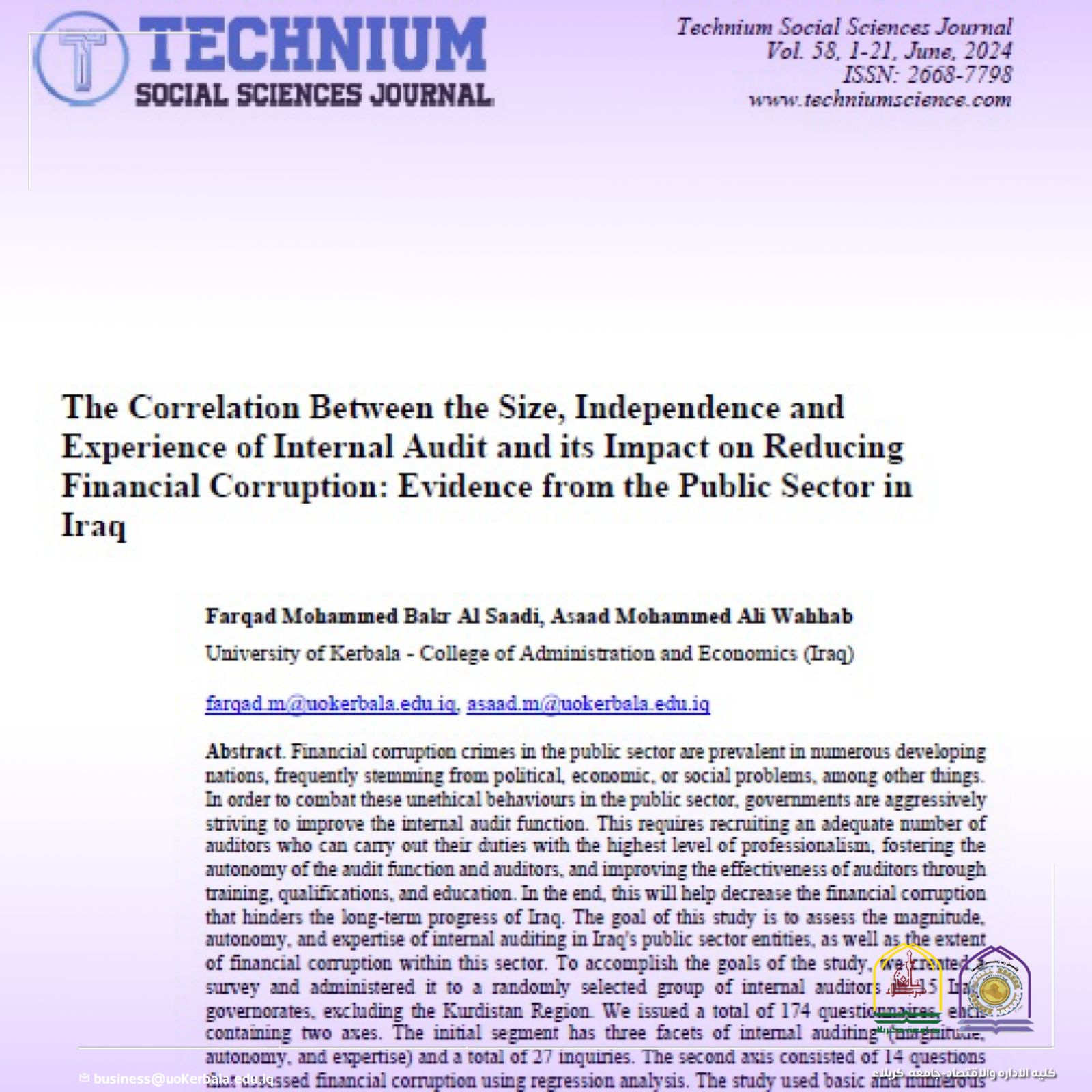 You are currently viewing A Researcher From Kerbala University Present A Scientific Research For The Correlation Between the Size, Independence and Experience of Internal Audit and its Impact on Reducing Financial Corruption: Evidence from the Public Sector in Iraq