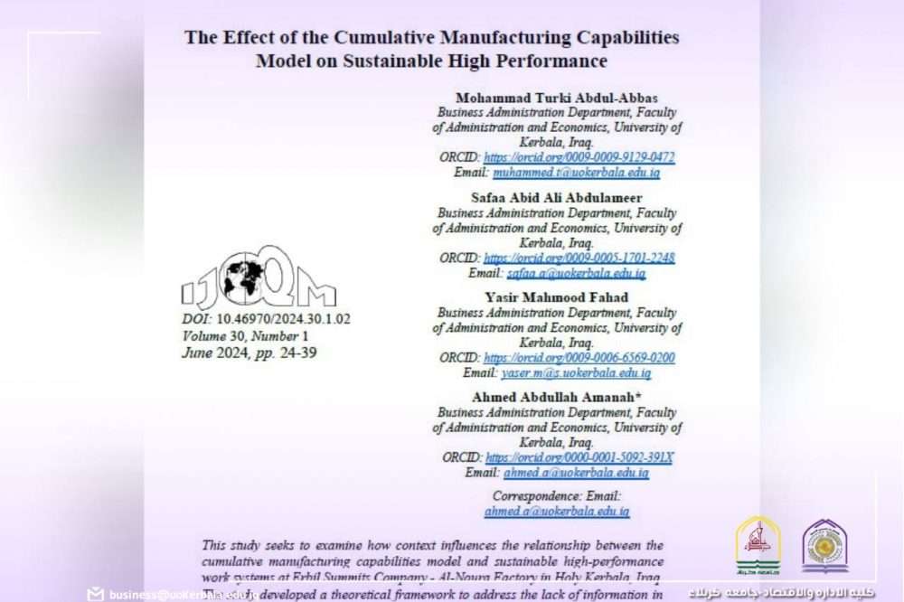 You are currently viewing  researcher team from Kerbala University Present a Scientific Research For The Effect of the Cumulative Manufacturing Capabilities Model on Sustainable High Performance