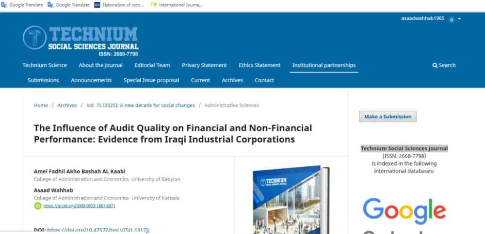 You are currently viewing Two academics from University of Karbala and University of Babylon (Prof. Dr. Asaad Mohammed Ali Wahab Al-Awad – Assist. Lecturer Amal Fadel Akho Basha) have published a scientific study titled: “The Impact of Audit Quality on Financial and Non-Financial Performance: Evidence from Iraqi Industrial Companies.”