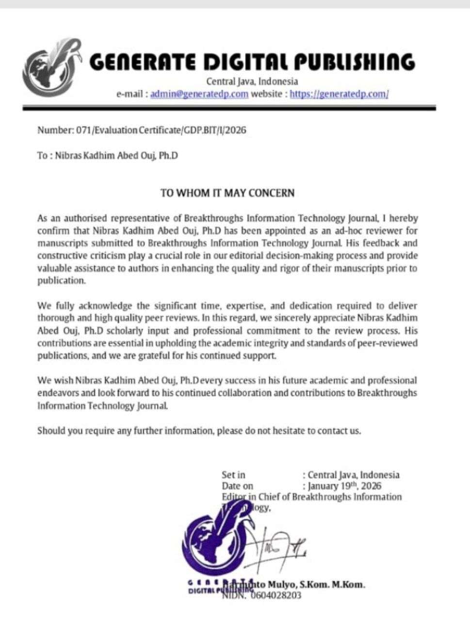 You are currently viewing Faculty Member from the College of Administration and Economics – University of Karbala Serves as Scientific Reviewer for Research Papers, Theses, and Dissertations in Management and Banking Sciences